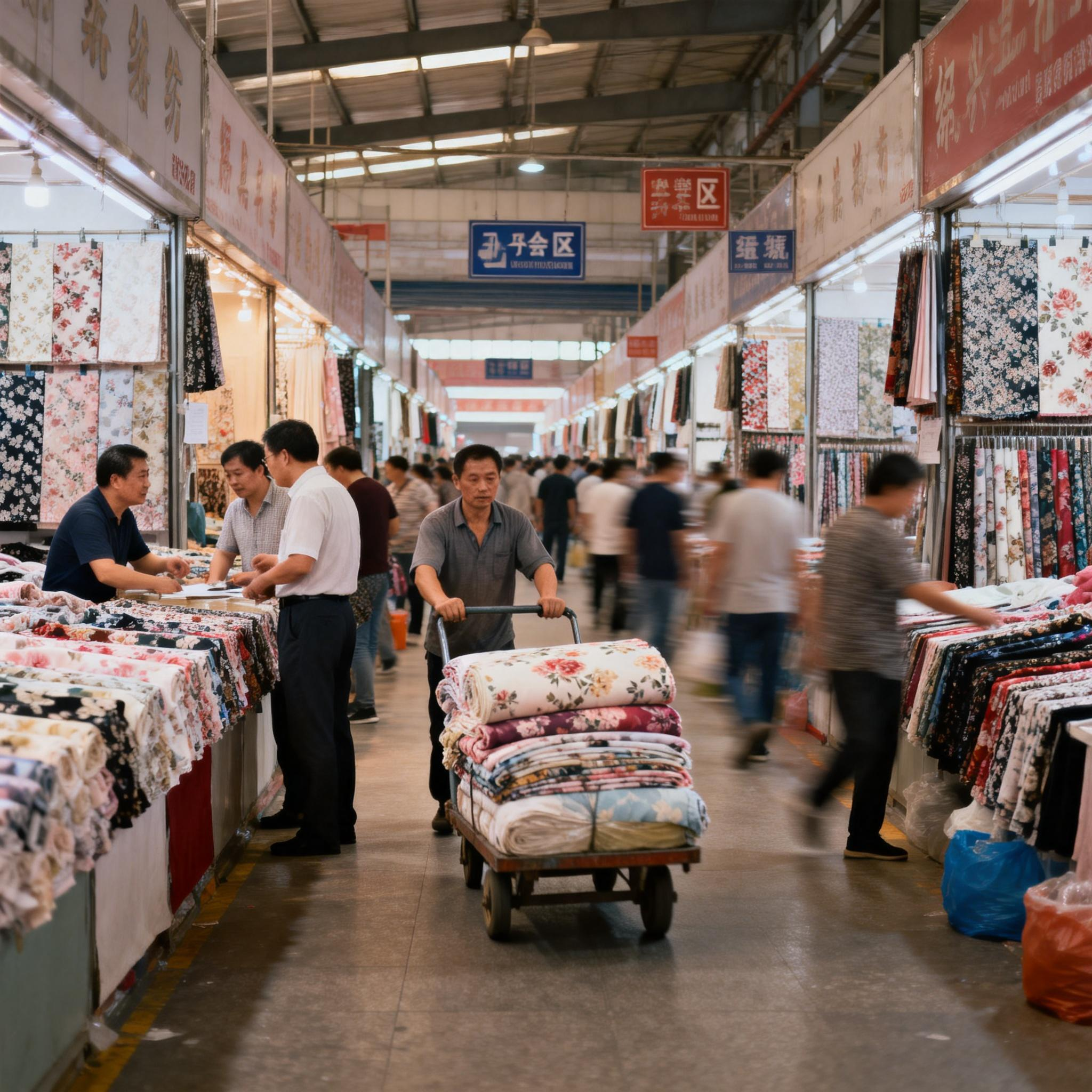 jimeng-2025-12-20-2863-请帮我生成一个绍兴轻纺城（不要有中文字幕标识）生意还算不错的景象，