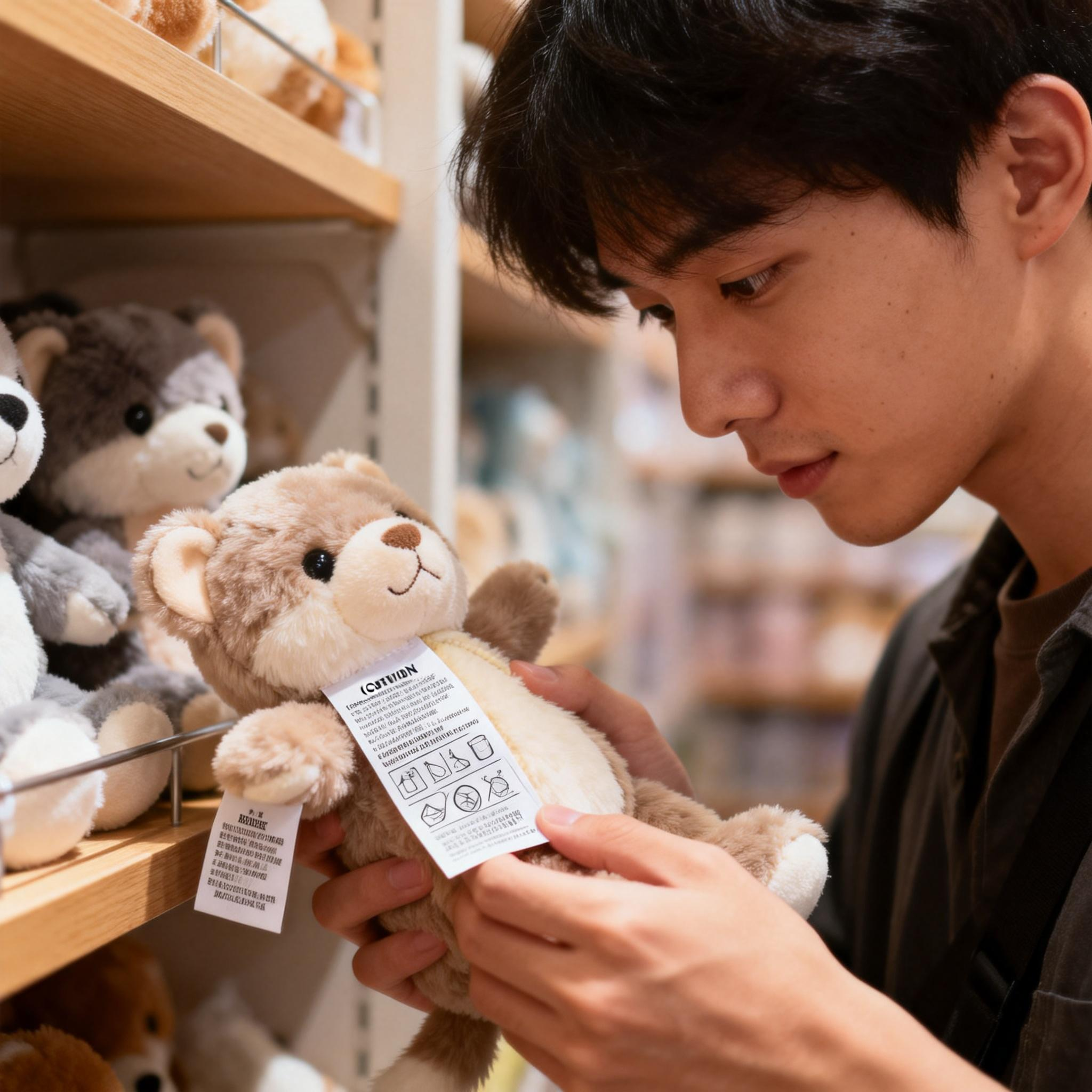 jimeng-2025-12-20-2341-帮我生成一个年轻人买毛绒玩具先看成分表和水洗标的图片