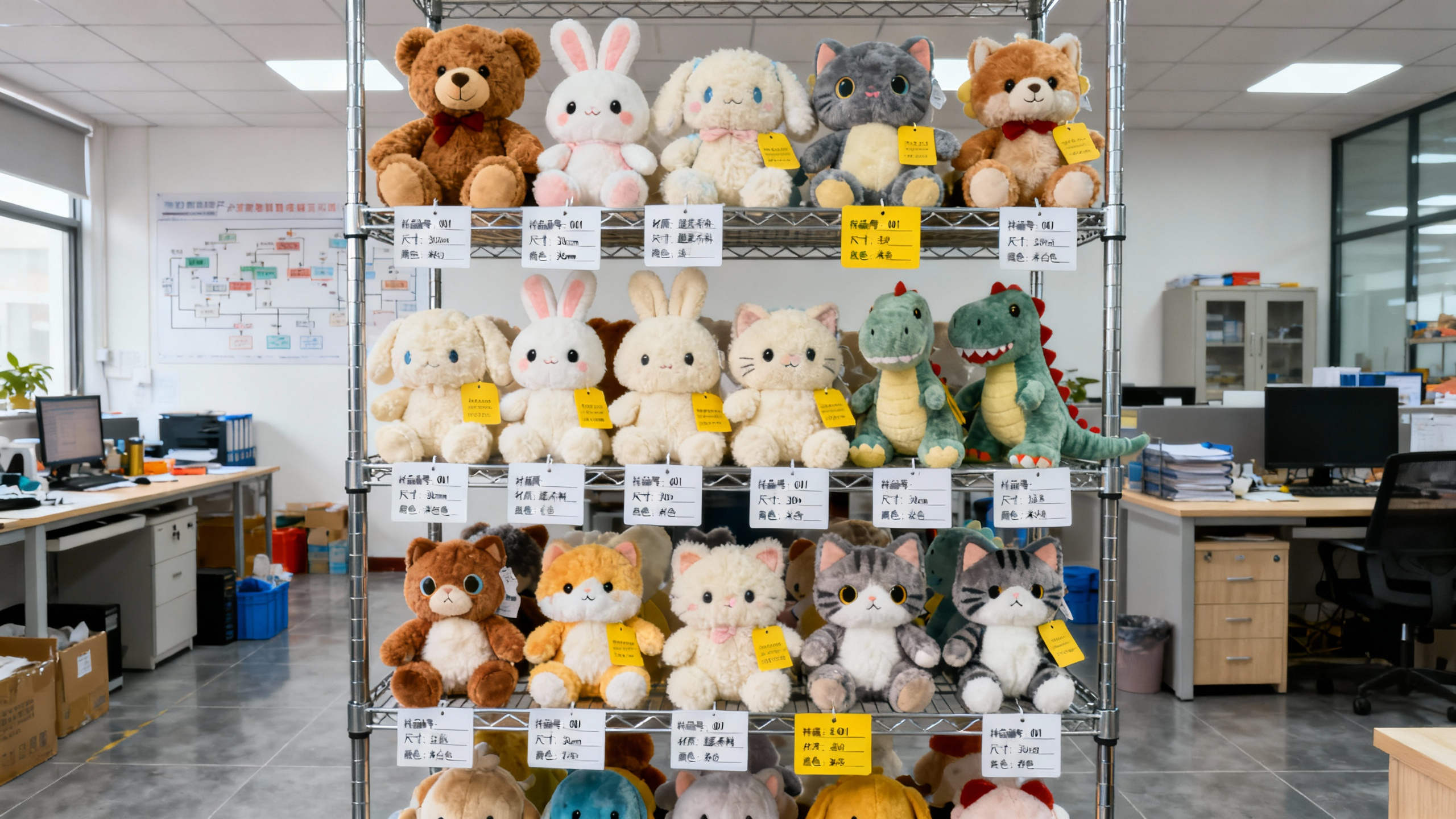 jimeng-2025-11-29-8936-真实摄影风格，工厂办公室场景。画面中央是多层金属货架，货架上整齐摆放着各种毛绒玩...