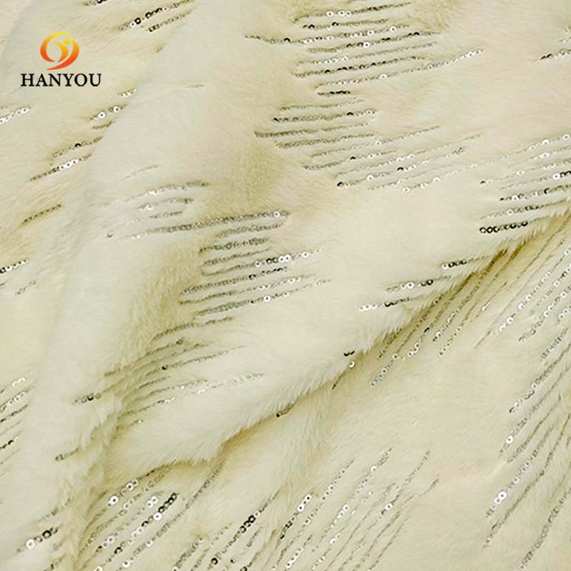 Hanyo White Embroidered Rabbit Fake Fur Fabric for Cushion