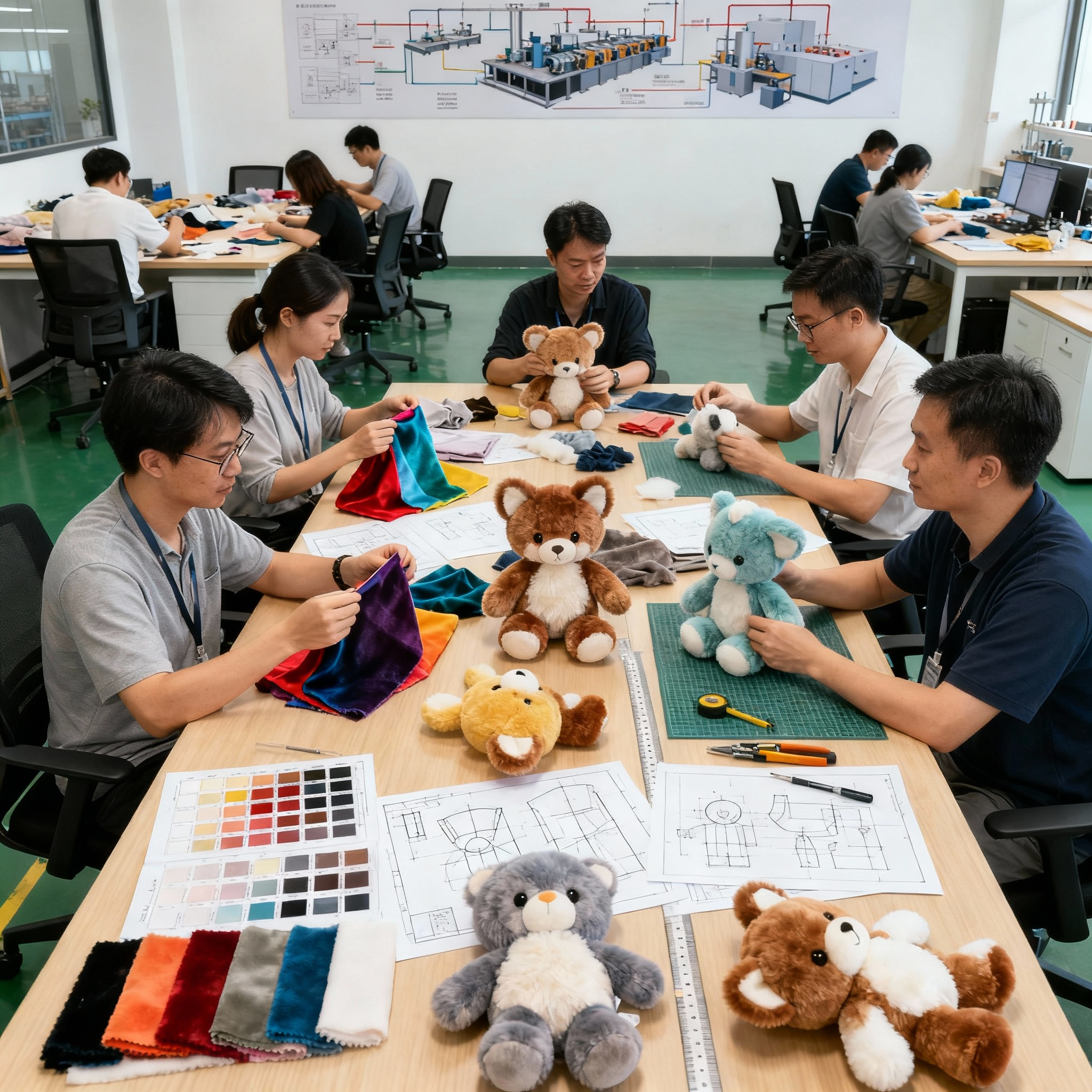 jimeng-2025-11-28-5734-帮我生成一个办公室里全是在研究毛绒玩具和布料的，要有中国人，我们主要是生产毛绒玩...
