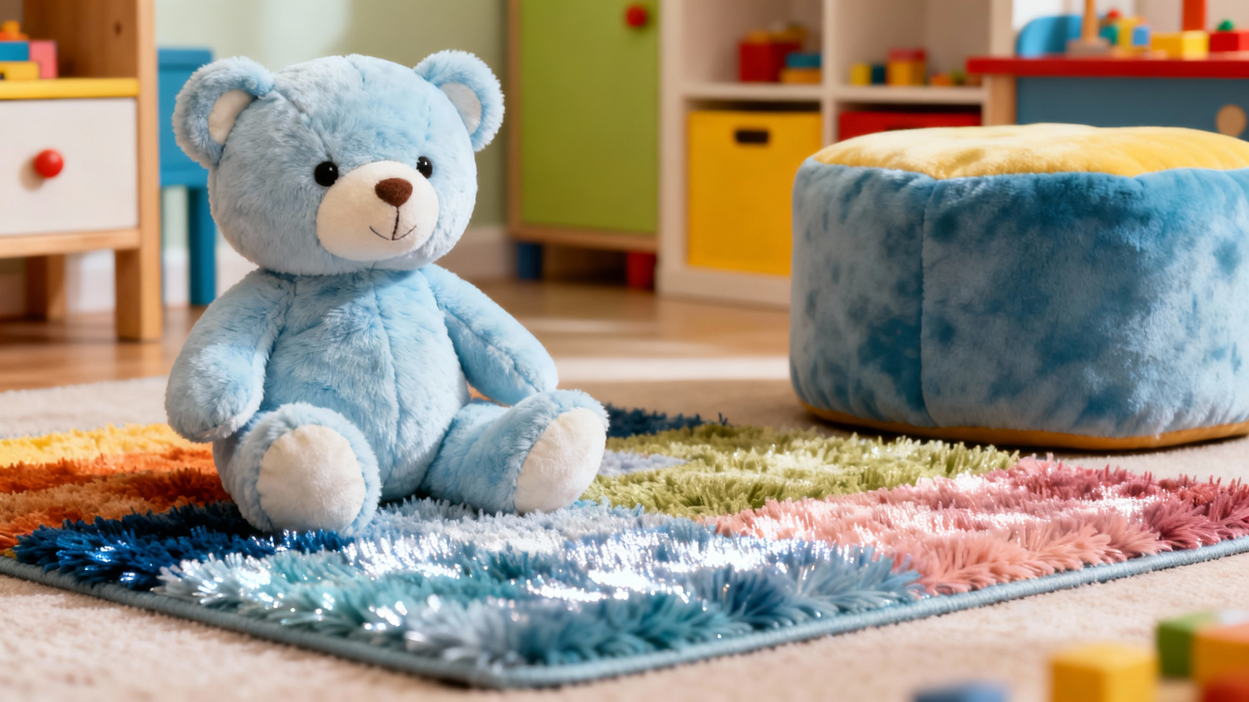 jimeng-2025-11-29-9718-现代简约摄影风格，儿童房场景，超柔布料制作的浅蓝色毛绒玩具熊，手感极其柔软，旁边...