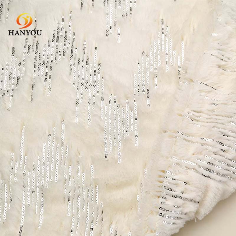 Hanyo White Embroidered Rabbit Fake Fur Fabric for Cushion